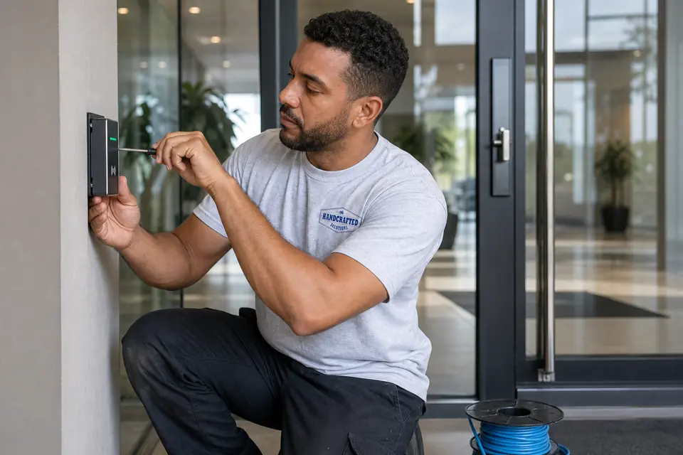 A Handcrafted Solutions technician fastening a card access reader beside a commercial lobby entrance, with a spool of network cable at their feet.