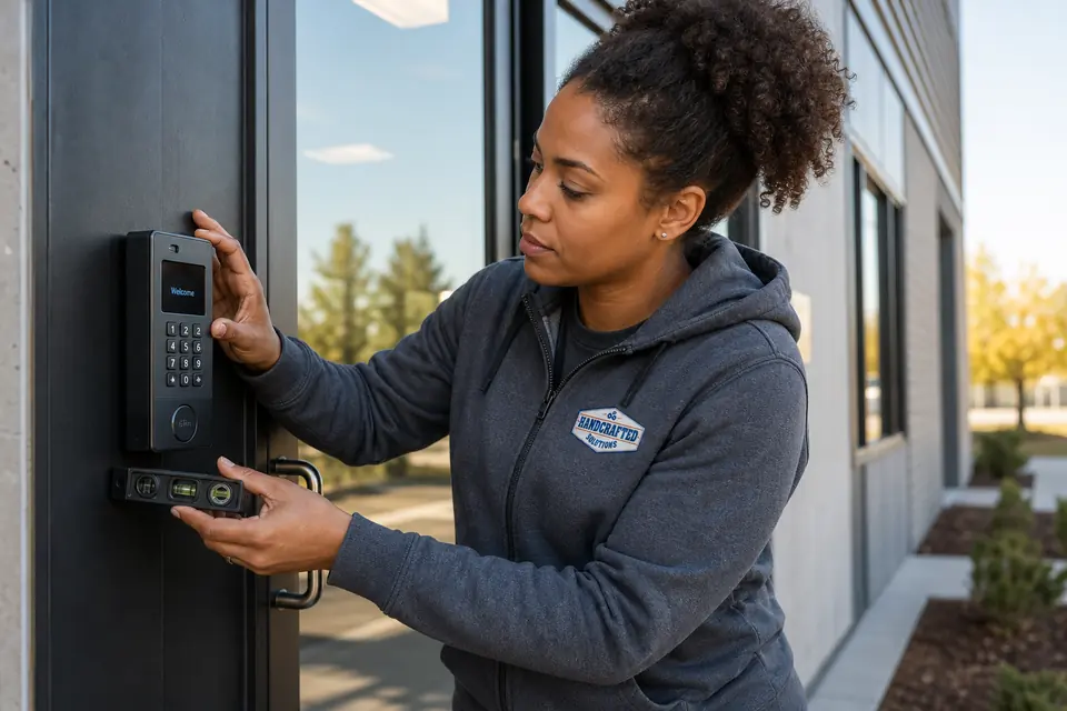 A Handcrafted Solutions technician mounting and levelling a keypad access reader beside a commercial glass entry door.