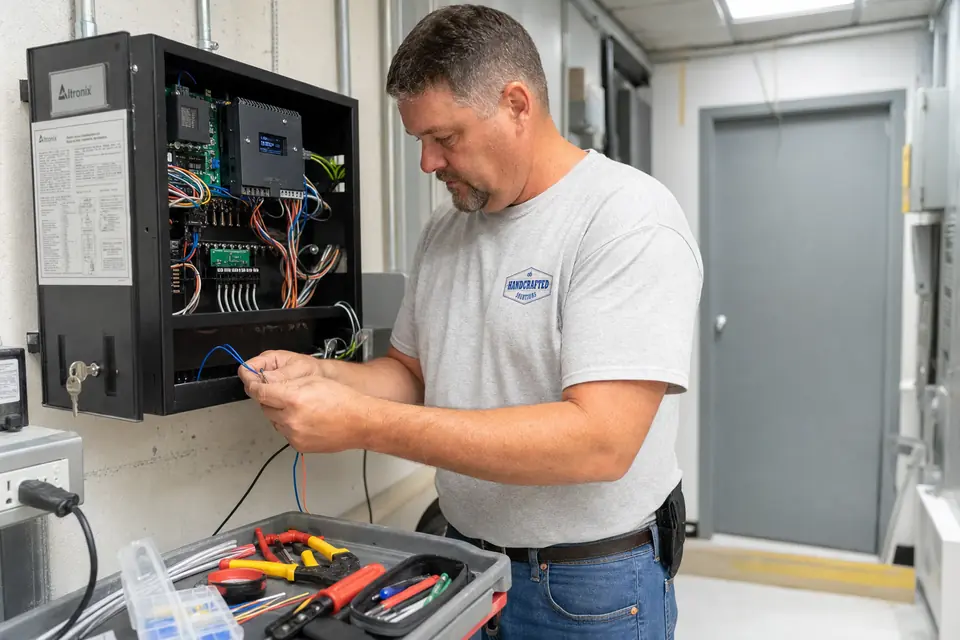 A Handcrafted Solutions technician terminating low-voltage wiring inside an Altronix power supply enclosure in a utility room.