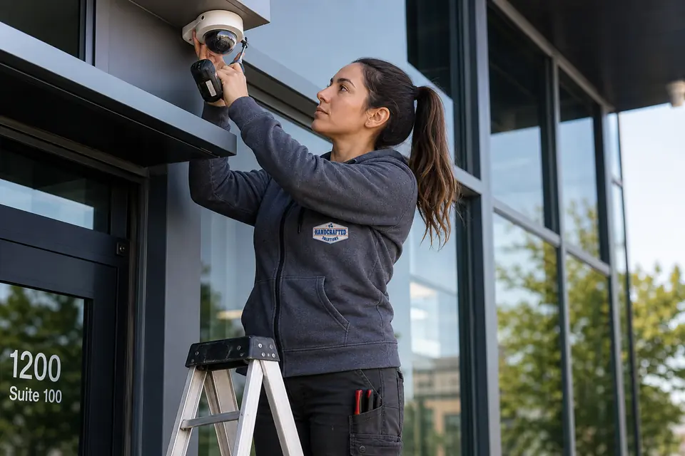 A Handcrafted Solutions technician on a ladder installing a dome security camera under the entry canopy of a commercial building.